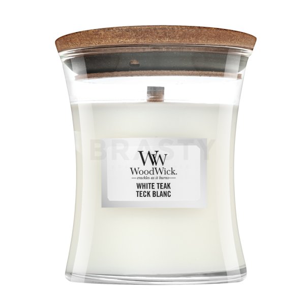 Woodwick White Teak vela perfumada 85 g