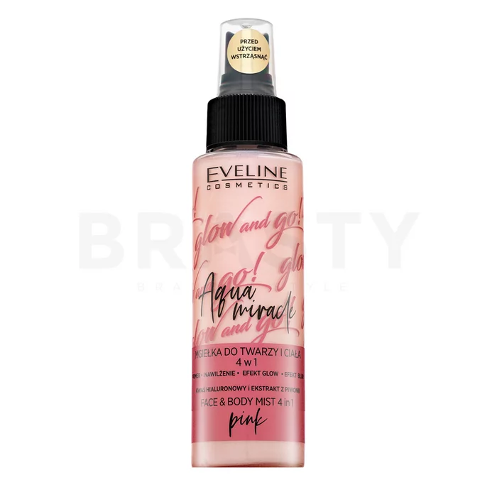 Eveline Glow And Go! Aqua Miracle 4in1 Face Mist sprej za fiksiranje šminke za ujednačenu i prosvijetljenu kožu 02 Pink 110 ml