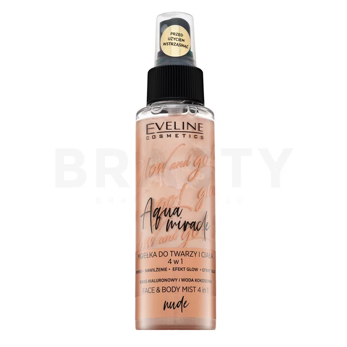 Eveline Glow And Go! Aqua Miracle 4in1 Face Mist sprej za fiksiranje šminke za ujednačenu i prosvijetljenu kožu 01 Nude 110 ml
