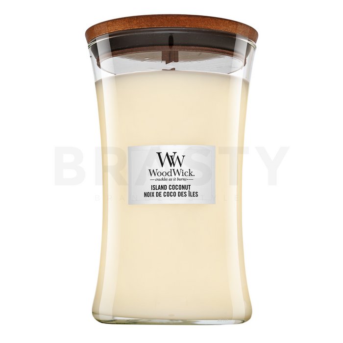 Woodwick Island Coconut candela profumata con stoppino in legno