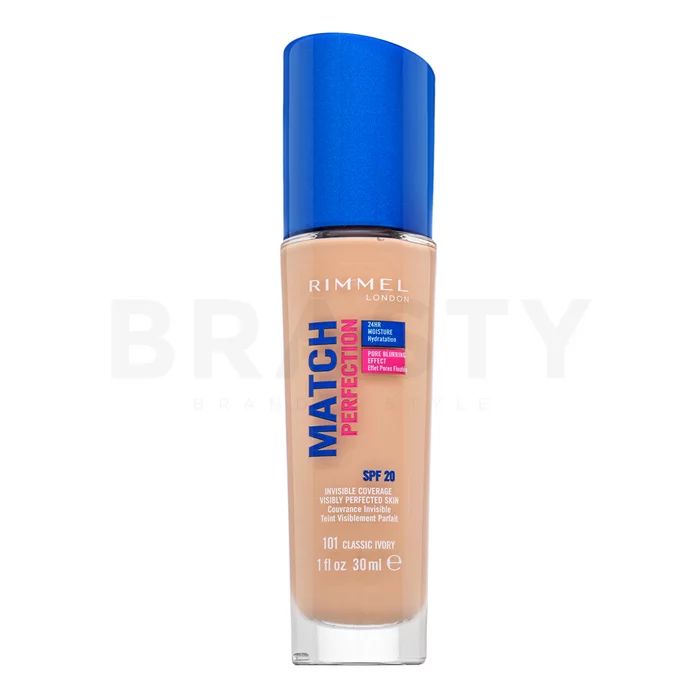 Rimmel London Match Perfection 24HR SPF20 Foundation tekutý make-up pro sjednocenou a rozjasněnou pleť 101 Classic Ivory 30 ml
