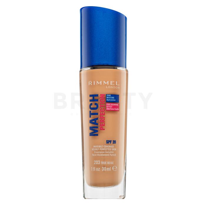 Rimmel London Match Perfection 24HR SPF20 Foundation tekutý make-up pro sjednocenou a rozjasněnou pleť 203 True Beige 30 ml
