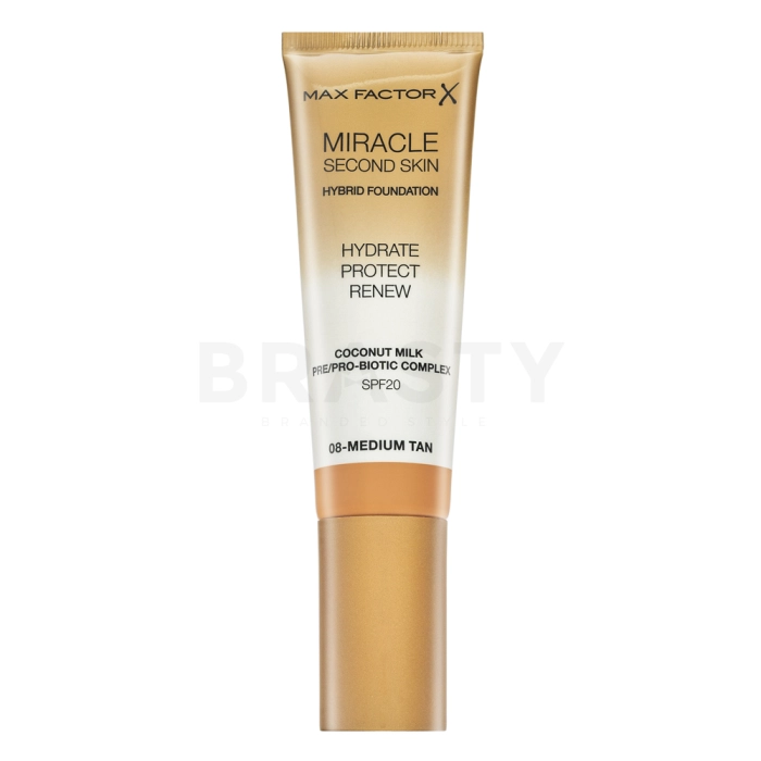 Max Factor Miracle Second Skin Hybrid Foundation SPF20 dugotrajna šminka s hidratantnim učinkom 08 Medium Tan 30 ml